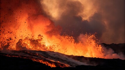 Fototapeta premium A dramatic volcanic eruption with lava flowing down a mountainside. The sky is filled with ash and smoke, creating a sense of power and danger.