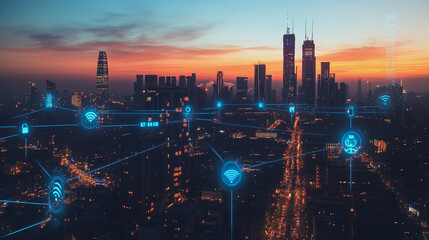 Fototapeta premium abstract, business, team, stands, peak, success, Abstract business man stands on the peak of success amid tall, innovative Smart city and graphs with statistics to analyze business potential and predi