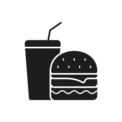 Burger And Drink Silhouette Icon. Junk Food And Fast Food Meal With Beverage And Sandwich For Unhealthy Diet Choices. Isolated Vector Illustration