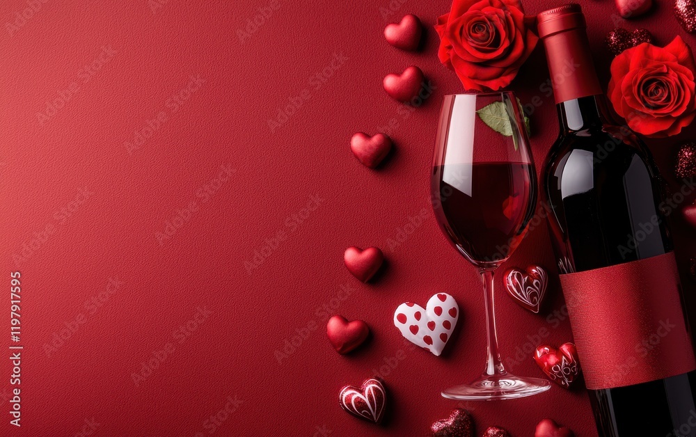 Canvas Prints A romantic scene showcases a bottle of wine and a glass, surrounded by floating hearts, inviting love and celebration this Valentine's Day.