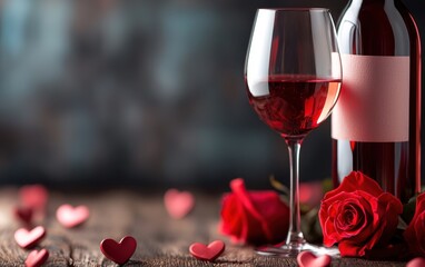 A romantic setting with a glass of red wine and a bottle, perfect for a cozy Valentine's Day evening filled with love and intimate moments.