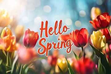 Inscription of Hello Spring with beautiful peony flowers on blurred nature background