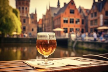 Fototapeta premium Belgian Beer Tasting on Open Terrace overlooking Medieval Houses & Canals in Bruges, Belgium. Ales, Amber Beer Glass & Architecture in Background