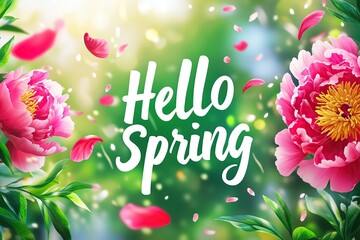 Inscription of Hello Spring with beautiful peony flowers on blurred nature background