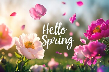 Inscription of Hello Spring with beautiful peony flowers on blurred nature background