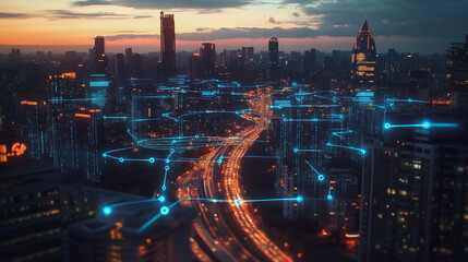 Fototapeta premium Abstract business man stands on the peak of success amid tall, innovative Smart city and graphs with statistics to analyze business potential and predict future developments in company growth.