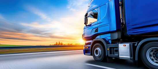 Blue truck driving fast on highway at sunset