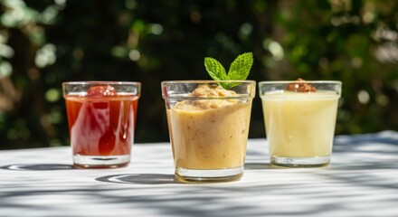 Three glasses of different colored drinks on a table