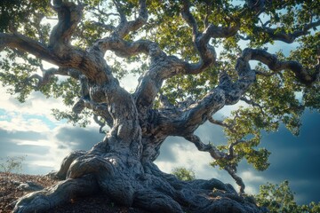 Ancient, gnarled oak tree with sprawling branches reaching towards a dramatic sky.