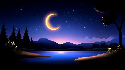 Fototapeta premium Serene Night Landscape with Crescent Moon and Starry Sky