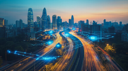 Obraz premium Abstract business man stands on the peak of success amid tall, innovative Smart city and graphs with statistics to analyze business potential and predict future developments in company growth.