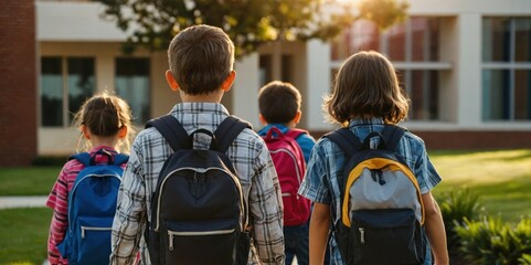 Group of children wearing backpacks, walking toward a school building in the warm morning sunlight, symbolizing education and friendship.  
