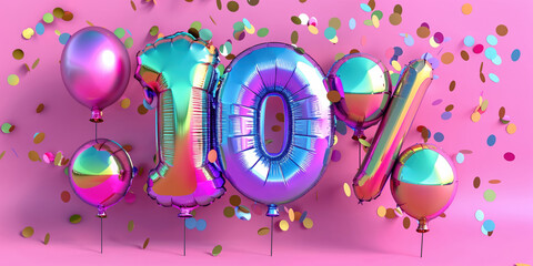 Ten percent discount celebrated with vibrant balloons and falling confetti on pink background