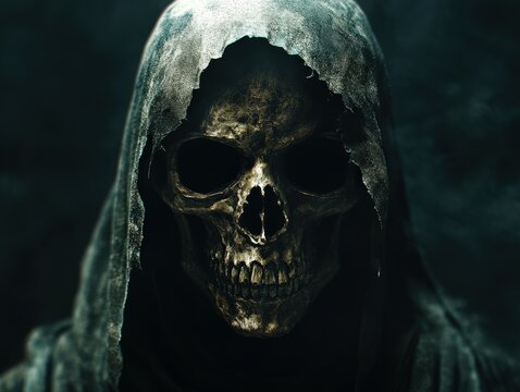 Dark hooded figure with a skull face illuminated in eerie light