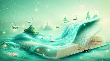 Enchanting Open Book with Floating Islands and Ships