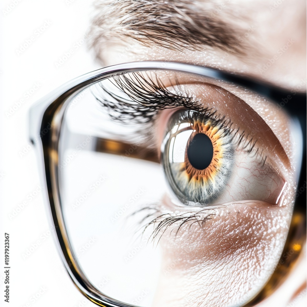 Poster close up view of a human eye reflecting light with clear details of iris and eyelashes. generative a