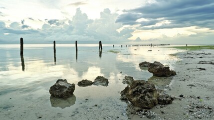 Serene coastal sunset; weathered pilings, rocks, calm water