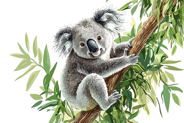 Obraz premium Adorable koala perched on a eucalyptus branch, amidst lush green foliage.