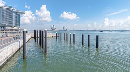 Marina bay, Singapore harbor view, sunny day, jetty, hotel