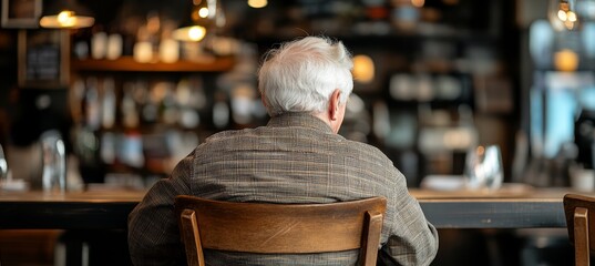 Lonely Senior Man s Back, Empty Chair at Blurred Cafe Counter, Contemplative Mood, Space for Text