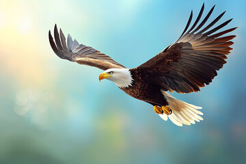 Obraz premium Majestic Bald Eagle in Flight, Soaring Through the Sky.