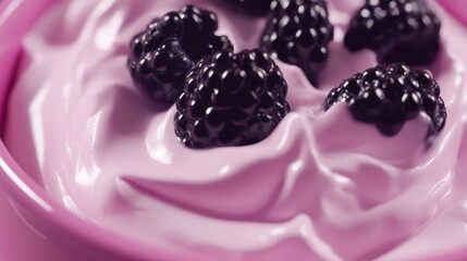 Close-up view of a vibrant pink yogurt bowl filled with fresh blackberries.  A delightful and healthy breakfast option.  A healthy and delicious treat.