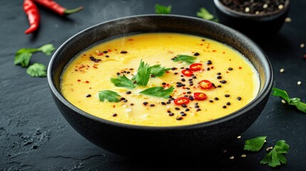 A steaming bowl of egg custard, surrounded by fresh herbs and sliced chili, showcasing the comforting essence of this traditional dish in a warm kitchen setting