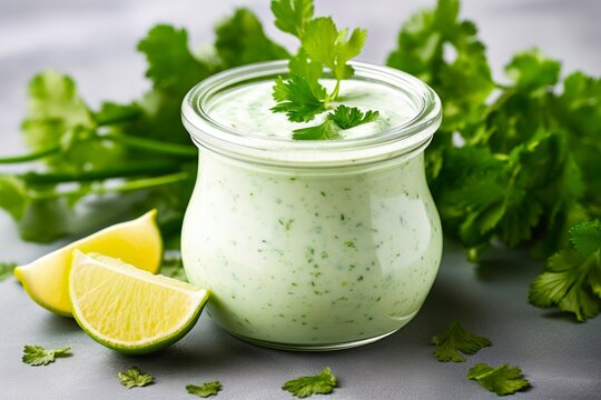 Cilantro Sauce in Glass Jar - Creamy Yogurt Dip with Garlic, Olive Oil, Lime, and Coriander for Salads