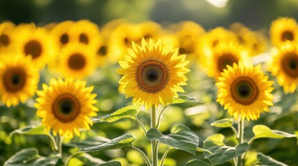 Obraz premium Field of sunflowers with dreamy bokeh emphasizing bright yellow hues