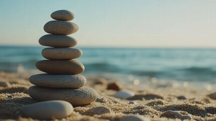Fototapeta premium Stacked stones on sandy beach with ocean waves in the background