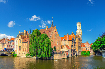 Bruges cityscape, Brugge old town scenic view quarter historical city centre, Rosary Quay...