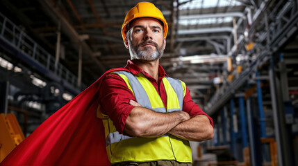 Superhero worker wearing red cape and safety vest in factory: empowering industrial confidence