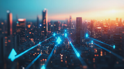 Fototapeta premium Abstract business man stands on the peak of success amid tall, innovative Smart city and graphs with statistics to analyze business potential and predict future developments in company growth.