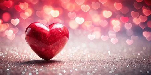 Obraz premium A vivid red heart sits prominently in the center, surrounded by a dreamy backdrop of pink and red bokeh lights. The sparkling surface adds a touch of elegance to the display