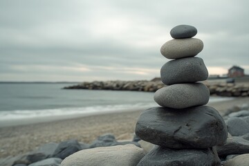 Fototapeta premium Stacked stones create harmony by the shoreline under a cloudy sky