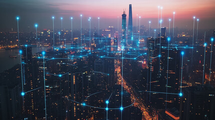 Fototapeta premium Abstract business man stands on the peak of success amid tall, innovative Smart city and graphs with statistics to analyze business potential and predict future developments in company growth.