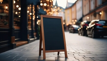Blank chalkboard on the street next to cafe.