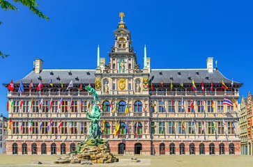 Antwerp City Hall Stadhuis Antwerpen Renaissance Architectural style building and Brabofontein Brabo Fountain on Grote Markt Big Market Square in Antwerp city centre, Antwerpen old town, Belgium
