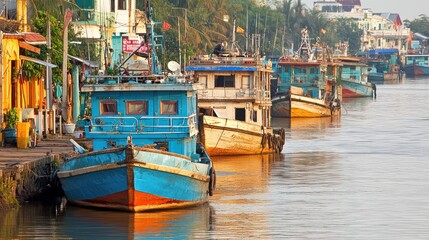 Fototapeta premium Colorful fishing boats docked at sunrise, riverside village