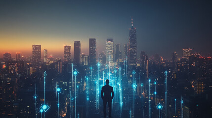 Abstract business man stands on the peak of success amid tall, innovative Smart city and graphs with statistics to analyze business potential and predict future developments in company growth.