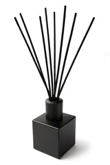 Elegant Black Reed Diffuser with Thin Sticks and Minimalist Square Bottle Design, Isolated on White Background, Perfect for Aromatherapy, Home Fragrance, Interior Design and Relaxation-Themed Projects