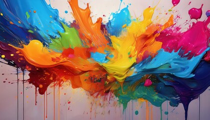 Vibrant Abstract Painting Synchronized Colorful Paint Splashes on Canvas, Depicting a Harmonious Spectrum at Generative AIs Creation