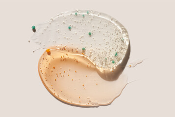 Cosmetic texture sample swatch of scrub or peeling or washing cleansing gel different set palette on beige isolated background