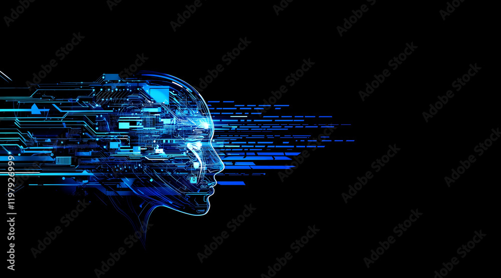 Wall mural artificial intelligence, a blue background with dark tones and an illustration of a profile head in 