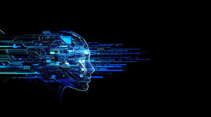 Artificial Intelligence, a blue background with dark tones and an illustration of a profile head in a digital style with lines connecting it to data points