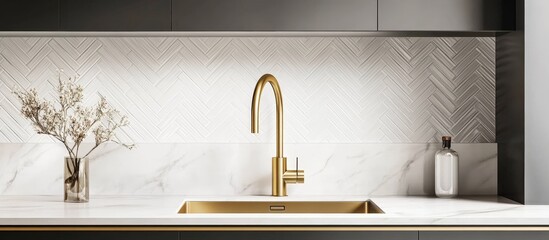 Stunning close-up of a luxurious kitchen sink showcasing a gold faucet.