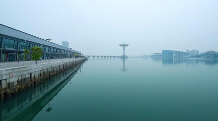 Obraz premium Waterfront promenade, hazy harbor, city skyline, reflection, pier
