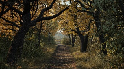 Obraz premium Autumnal Pathway Through a Woodland