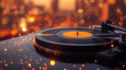 Vibrant Turntable with Spinning Vinyl in a Cityscape Background
