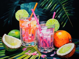 Fototapeta premium Refreshing tropical cocktails displayed on a vibrant green background filled with fruits and palm leaves during a summer gathering